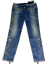 New Roberto Cavalli Silver Stud Embroidered Skinny Dark Blue Jeans US 4 6 IT 42