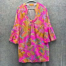 Trina Turk Tunic Dress Women Medium Pink Silk Floral Bell Sleeve Summer 2015