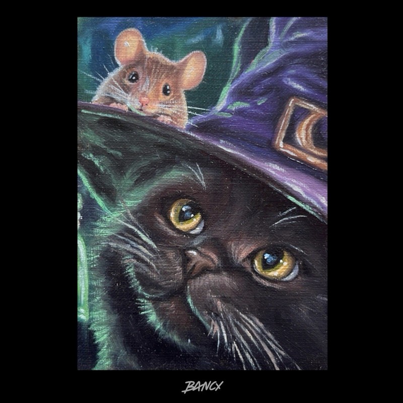 ACEO Original Black Cat Kitten Halloween with Mouse Miniature Oil Painting