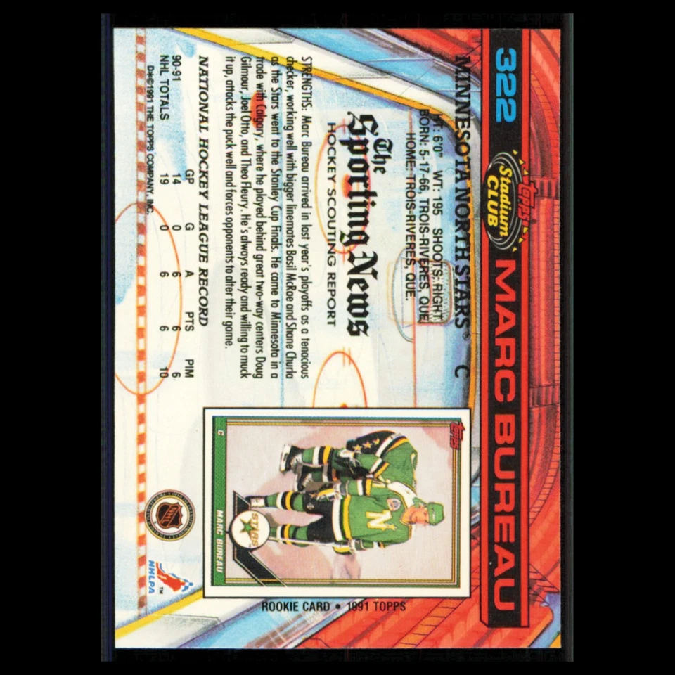 Marc Bureau #322 1991 Topps Stadium Club Minnesota North Stars Hockey Card NHL - Image 2 of 3