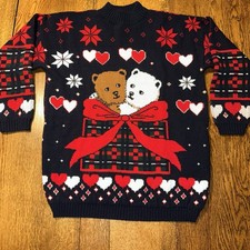 Vtg 80s 90s Christmas Sweater Teddy Bears Present Hearts Ugly Made USA No Size