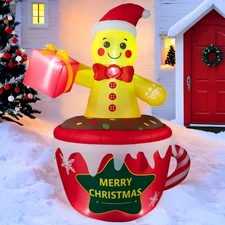 7FT Christmas Inflatable Gingerbread Man in Hot Cocoa Mug with LED Blow Up Xma