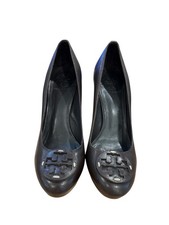 Tory Burch Betty Leather Dark Brown Logo Pumps Stacked Heels Shoes Sz 8M Pre-own