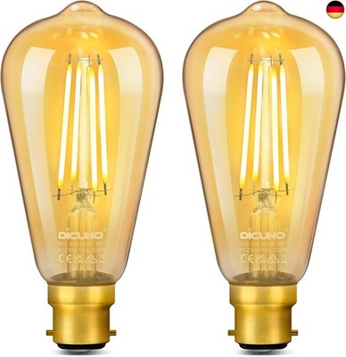 DiCUNO Vintage LED Glühbirne B22, Edison Filament, 6W Warmweiß 2200K, 660lm, E