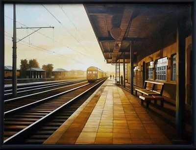 Gemälde Öl Zug Bahnhof Abend Fotorealismus Günther J Herrmann signiert 2024 - Bild 1 von 4