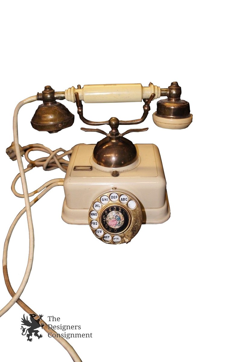 Vintage Rotary Dial Telephone Made In Japan White W Brass Accents