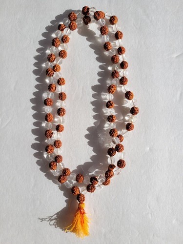 Rudraksha and Quartz Crystal Mala Prayer Beads 108 Necklace. Sacred to Shiva.