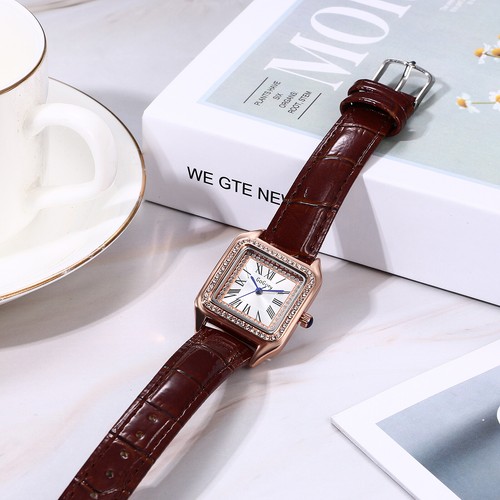 Damen-Armbanduhr quadratisches Strass-Zifferblatt römische Ziffern Lederband Quarz - Bild 11 von 14