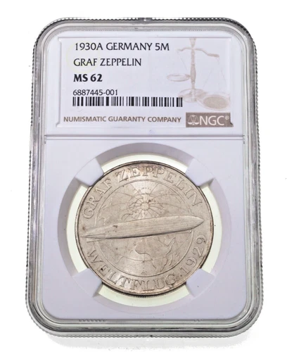 1930 Germany 5 Mark Graf Zeppelin Flight Graded by NGC as MS-62, KM 68