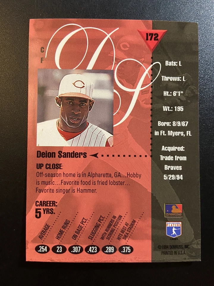 1994 Donruss Studio Deion Sanders #172 Reds Baseball - Image 2 of 2