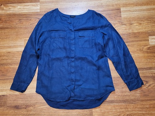 Talbots Linen Utility Button Up Shirt Navy Blue Tab Sleeve Casual Womens Medium? - Picture 2 of 11