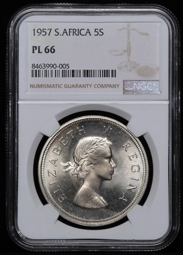 South Africa  Elizabeth II Silver 5 Shillings 1957 NGC PL 66 Prooflike RARE