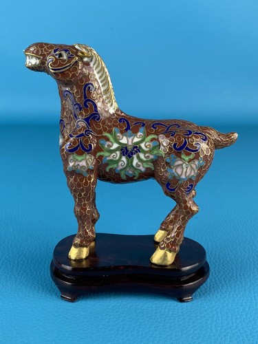 Statua cinese cavallo ottone e smalto cloisonne figura su base legno Cina XX sec - Foto 4 di 10