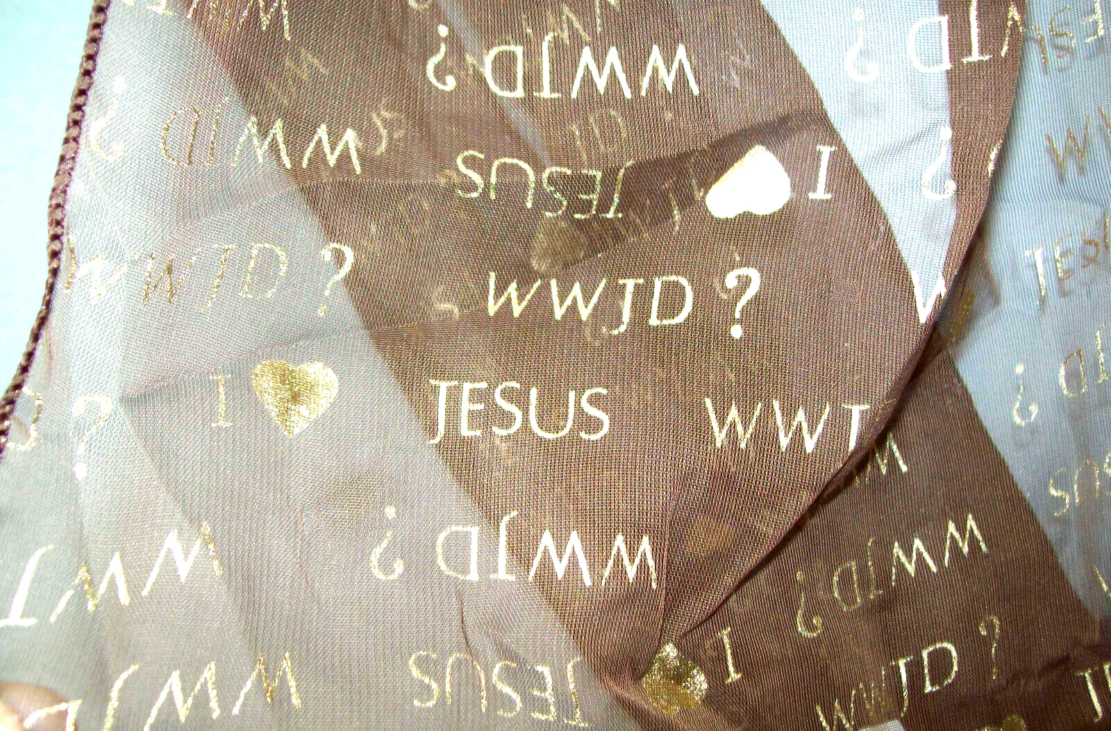 FOULARD marron avec mousseline dorée Msg 54 x 14 I coeur Jésus FOI ESPOIR AMOUR chrétien