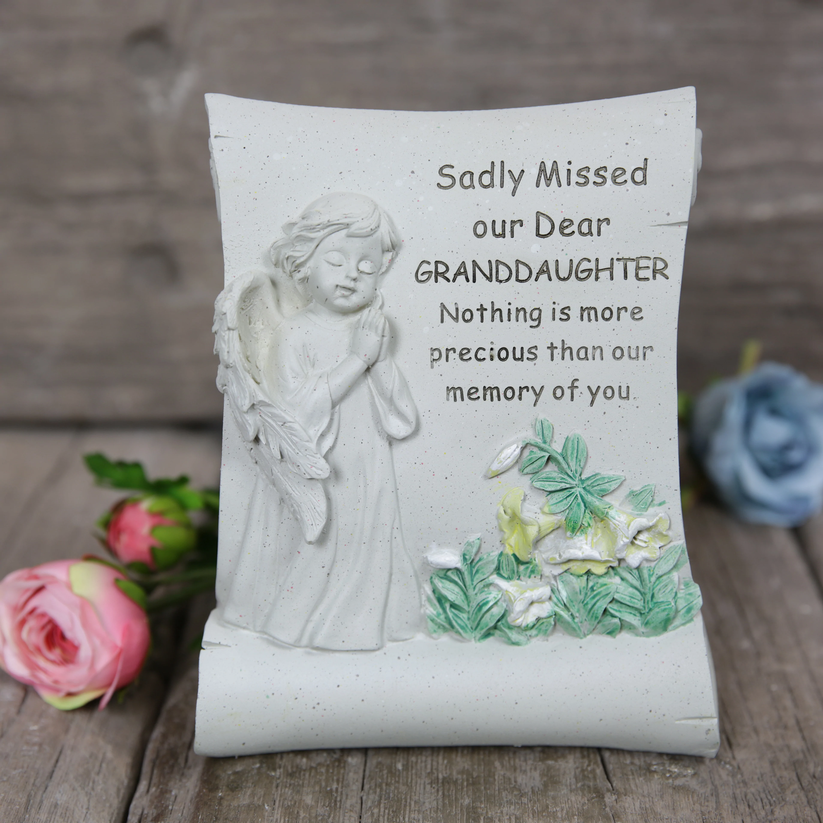 David Fischhoff Grave Memorial Cherub Scroll Stone Effect Ornament - Granddaught