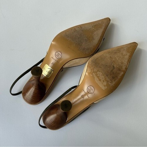 Vintage Chanel Beige Floral Embellished Sling Back Pointe Toe Heel Size 39 - Picture 3 of 9