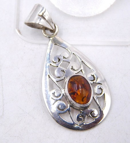 2.6 GM 925 Plata de Ley Natural Ámbar Colgante Piedra Jali Talla 1.4" M-2561 - Imagen 2 de 6