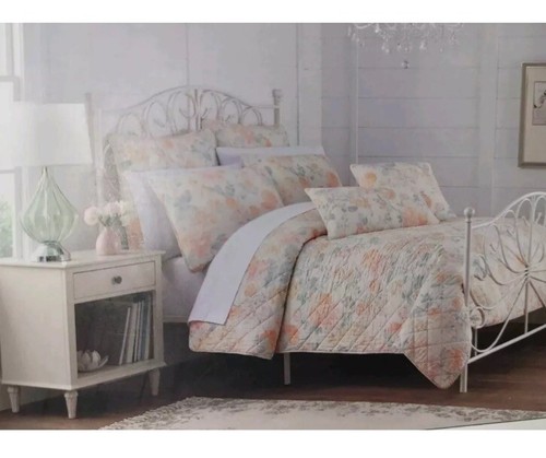 Shabby Chic Rachel Ashwell King Steppdecke Leinen Baumwolle Landhaus Blumen orange grün - Bild 6 von 8