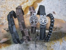 5X Men's Bracelet Set with Leather, Wooden Beads, Tree of Life Adjustable strap