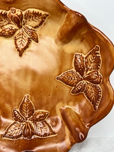 Large Ceramiche Italian Ceramic Leaf Brown Serving Bowl Scalloped Edges 14" x 12 - Picture 4 of 9