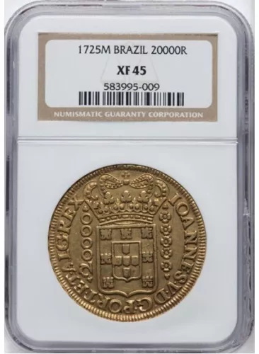 1725 M BRAZIL NGC XF 45 20000 REIS GOLD COIN DOBRAO JOAO V 53.78 GRAMS