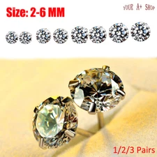 1-3 Pairs 925 Sterling Silver Round Earrings Cubic Zirconia Womens Mens Jewelry