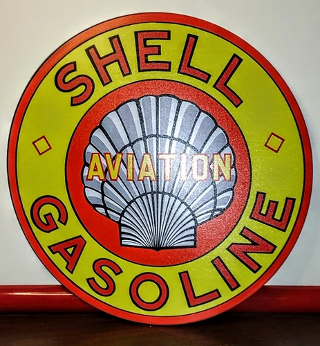 Shell Gas Pump Motor Oil Service Station Sign VTG Repro Aviation Round 12" Clam