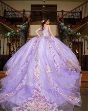 Lavender Lilac Beaded Puffy Ball Gown Quinceanera Dresses Beads lace-up Sweet 16