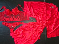 Victoria's Secret 34B,36C CORSET TOP BRA SET M,L thong ROBE RED satin applique