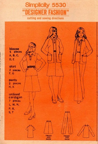 70s Simplicity Sewing Pattern 5530 Designer Fashion Cardigan Skirt Pants Size 16 - Bild 3 von 3