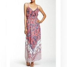 Pink and white paisley print boho smocked ruffle maxi dress size XL
