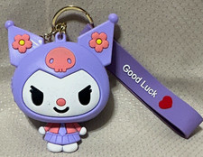 Kuromi Sanrio Purple Rubber  Metal Keychain w/ Strap and "Good Luck" Tag