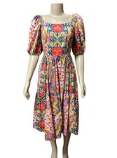 Vince Camuto Sz 4 Floral Print Square Neck Short Puff Sleeve A-Line Midi Dress
