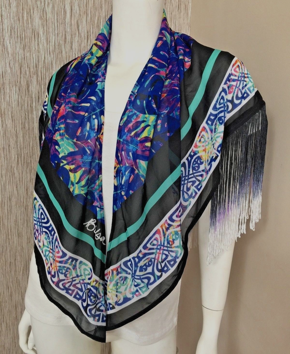 BIBA VIBRANT LEAF PRINT OMBRÉ FRINGE SCARF SARONG BNWT