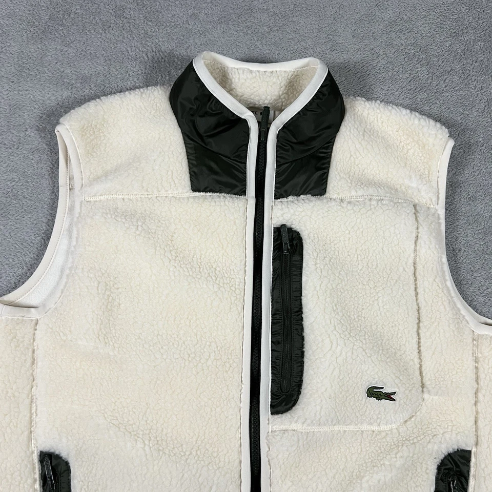 Lacoste 背心夹克男式小号象牙色夏尔巴羊毛全拉链口袋 — 第 3/4 张图片