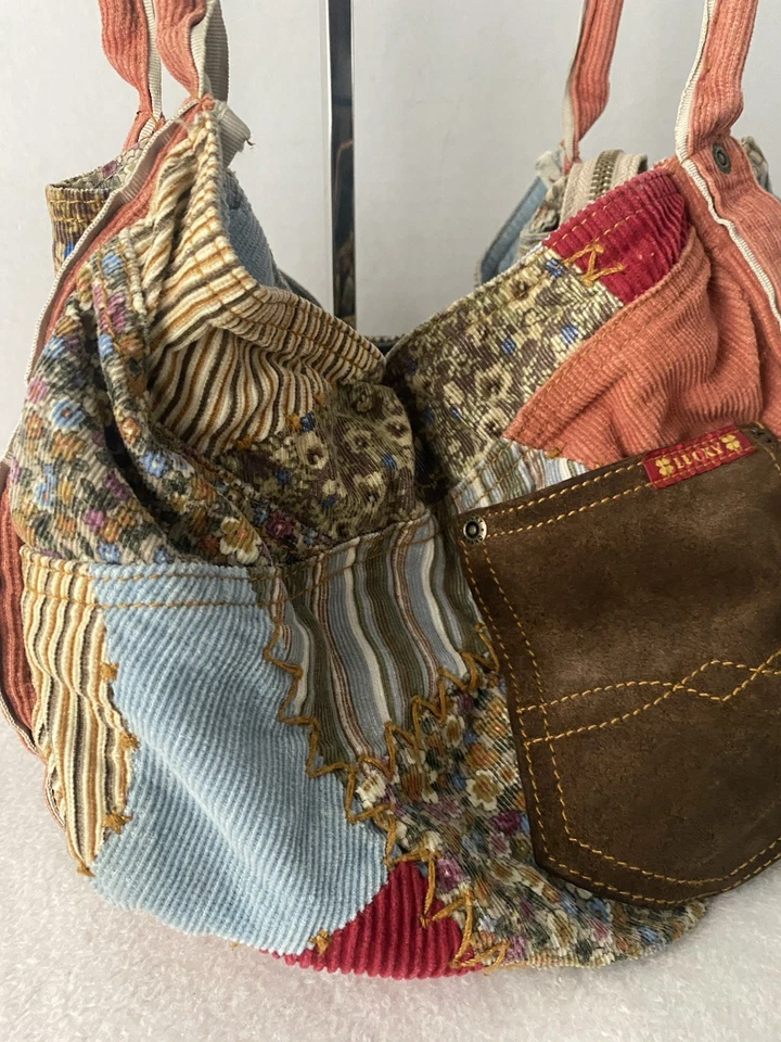 Bolso Hobo Lucky Brand Patchwork Boho Hippie Cuero Gamuza Pana De Colección RARO Foto 3 de 4