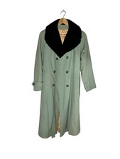 Vintage Minty green 1970s Trenchcoat With A Faux Black Fur Collar