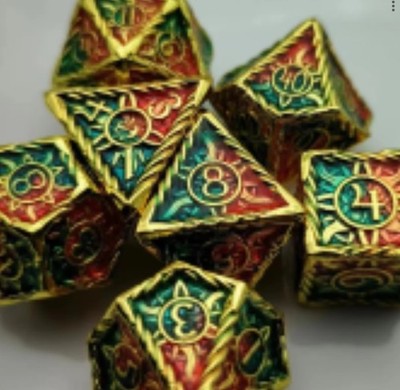 Galactic Dice Premium Dice Sets - Red & Green Sun Set of 7 Dice with Tin