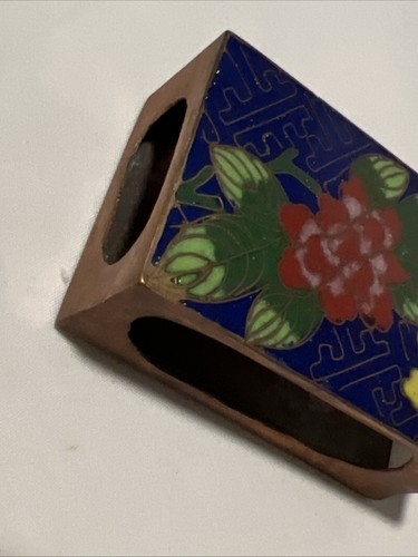 Cloisonne Match Box Cover Copper Enamel Blue Yellow Red Floral Design - Picture 3 of 8