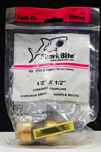 SharkBite Push-Fit 1/2" x 1/2" Straight Coupling Brass U008A (PEX/CPVC/Copper)