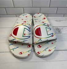 Champion:11 Men  s Slide Sandals White Rainbow Logo  Repeating Logo