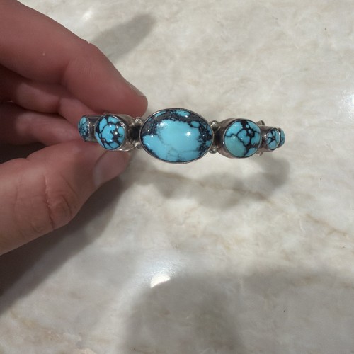 Sharon Sandoval Cuff Bracelet Sterling Silver Turquoise Inlay