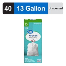 13-Gallon Drawstring Tall Kitchen Trash Bags, Unscented, 40 Bags