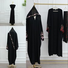 Eid Elegant Women 3PCS Cardigan Embroidery Flower Cardigan Inner Dress Scarf Set