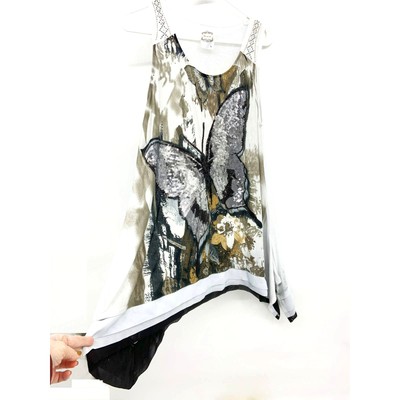 Flew De Lis Sequins Butterfly Sleeveless White & Black Top Size L