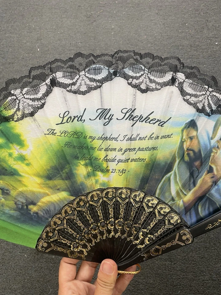 Juego de 12 abanicos de mano religiosos de verano negros con bolsa de regalo/ventilador plegable bautizo favor Foto 4 de 4