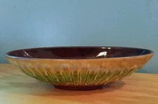 Vintage Ceramic Green/Brown/Gold Bamboo Pattern Oval Shaped Pottery Bowl 
