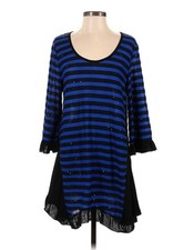 Aster Blue And Black Striped Lace Shimmer Shift Dress 3/4 Sleeves Small