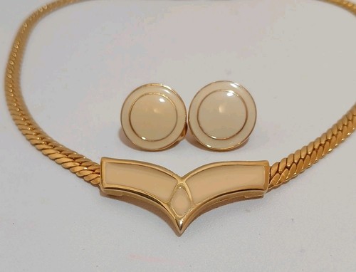 Vintage Napier Monet Gold Tone Cream Enamel Necklace Clip Earrings 