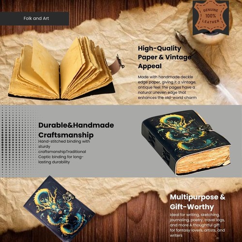 The Arcane Dragon Handmade Antique Deckle Edge Paper Leather Journal Sketchbook - Picture 4 of 9